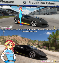 Size: 1920x2045 | Tagged: safe, artist:forzaveteranenigma, imported from derpibooru, sunset shimmer, fanfic:equestria motorsports, equestria girls, car, fanfic, forza horizon 5, forza motorsport 7, lamborghini, lamborghini sesto elemento, nurburgring, racing suit, supercar, watermark