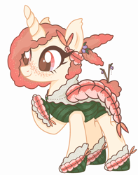 Size: 1140x1450 | Tagged: safe, artist:curiousmonarchy, imported from derpibooru, oc, oc only, pony, shrimp, unicorn, belt, female, food, freckles, hoof shoes, mare, raised hoof, seaweed wrap, simple background, solo, sushi, sushi pony, white background