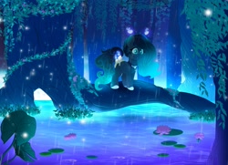 Size: 3251x2357 | Tagged: safe, artist:rand-dums, imported from derpibooru, oc, oc only, original species, pony, scented pony, candle, choker, female, flower, forest, gradient mane, high res, lilypad, pond, rain, solo, tree, water, waterlily