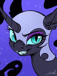 Size: 1440x1920 | Tagged: safe, artist:paipaishuaige, imported from derpibooru, nightmare moon, alicorn, pony, dreamworks face, grin, looking at you, smiling, solo