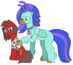 Size: 2605x2300 | Tagged: safe, artist:supahdonarudo, imported from derpibooru, oc, oc only, oc:ironyoshi, oc:sea lilly, classical hippogriff, hippogriff, unicorn, camera, clothes, comforting, high res, hoof on shoulder, jewelry, necklace, sad, shirt, simple background, transparent background