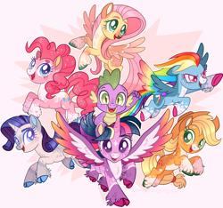 Size: 1024x957 | Tagged: safe, artist:wanderingpegasus, imported from derpibooru, applejack, fluttershy, pinkie pie, rainbow dash, rarity, spike, twilight sparkle, alicorn, earth pony, pegasus, pony, unicorn, applejack's hat, chest fluff, cowboy hat, female, freckles, hat, male, mane seven, mane six, mare, markings, redesign, twilight sparkle (alicorn), unshorn fetlocks