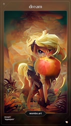 Size: 1080x1920 | Tagged: safe, generator:artflow.ai, generator:wombo.art, imported from derpibooru, part of a set, applejack, earth pony, pony, ai content, ai generated, alternate character interpretation, apple, food, framed picture, impasto, implied impasto, modern art, surreal, url, watermark