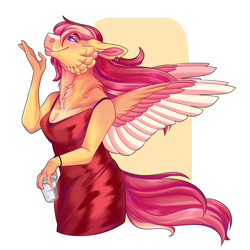 Size: 1500x1500 | Tagged: safe, artist:uunicornicc, imported from derpibooru, oc, oc only, oc:strawberry sunrise, anthro, pegasus, clothes, colored wings, dress, female, offspring, parent:flash sentry, parent:sunset shimmer, parents:flashimmer, solo, two toned wings, wings