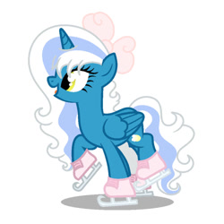 Size: 1024x1024 | Tagged: safe, artist:riofluttershy, imported from derpibooru, oc, oc only, oc:fleurbelle, alicorn, adorabelle, alicorn oc, bow, cute, female, hair bow, horn, ice skating, mare, ocbetes, simple background, solo, white background, wingding eyes, wings, yellow eyes