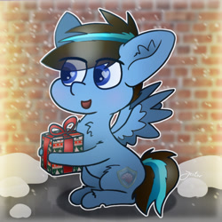 Size: 814x815 | Tagged: safe, artist:jesterpi, imported from derpibooru, oc, oc:iceberg skystriker, pegasus, pony, chibi, christmas, holiday, present, sitting, smiling, snow, solo, wall, wings, winter