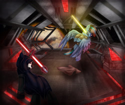 Size: 3601x3043 | Tagged: safe, artist:jesterpi, imported from derpibooru, oc, oc:iceberg skystriker, pegasus, pony, unicorn, battlefield, darth nihilus, fight, high res, jedi, jumping, light, lightsaber, planet, sith, space, space station, standing, star wars, steps, weapon