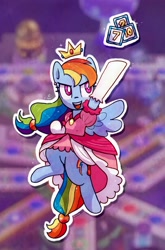 Size: 2160x3276 | Tagged: safe, artist:fipoki, imported from derpibooru, rainbow dash, pegasus, pony, clothes, cosplay, costume, crown, cute, dress, high res, jewelry, mario party, mario party superstars, parody, princess peach, princess rainbow dash, rainbow dash always dresses in style, regalia, smiling, solo, super mario bros.