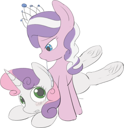 Size: 1080x1120 | Tagged: safe, artist:mcsadat, edit, imported from derpibooru, diamond tiara, sweetie belle, pony, unicorn, blushing, drool, female, femdom, simple background, sitting on person, sitting on pony, transparent background