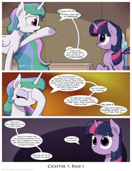 Size: 1200x1552 | Tagged: safe, artist:deusexequus, imported from derpibooru, princess celestia, twilight sparkle, alicorn, pony, comic:fix, comic, comments more entertaining, duckery in the comments, duo, duo female, eyes closed, facehoof, facepalm, female, frown, mare, open mouth, speech bubble, talking, twilight sparkle (alicorn)