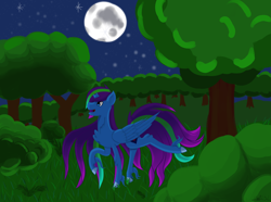 Size: 3288x2447 | Tagged: safe, artist:lefi32, imported from derpibooru, oc, oc only, oc:blue pure, alicorn, pony, bangs, blue eyes, blue fur, broken horn, bush, fern, forest, grass, green hair, high res, horn, moon, night, purple hair, smiling, solo, tree, wings