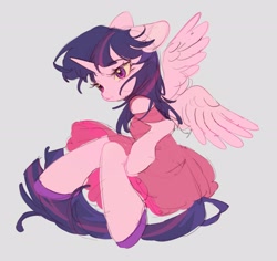 Size: 2305x2176 | Tagged: safe, artist:leafywind, imported from derpibooru, twilight sparkle, alicorn, semi-anthro, bare shoulders, clothes, cute, dress, floppy ears, gray background, high res, hoof shoes, shoes, simple background, solo, spread wings, twiabetes, twilight sparkle (alicorn), wings