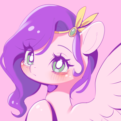 Size: 2500x2500 | Tagged: safe, artist:leafywind, imported from derpibooru, pipp petals, pegasus, pony, adorapipp, blushing, bust, cute, female, g5, high res, mare, my little pony: a new generation, pink background, portrait, simple background, solo, spread wings, wings