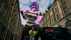 Size: 2560x1440 | Tagged: safe, artist:arcanetesla, imported from derpibooru, flash sentry, twilight sparkle, alicorn, anthro, pegasus, 3d, breasts, female, flashlight, giant anthro, giantess, macro, male, shipping, size difference, smaller male, source filmmaker, straight