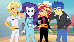 Size: 1280x721 | Tagged: safe, artist:themexicanpunisher, imported from derpibooru, flash sentry, rarity, sunset shimmer, equestria girls, equestria girls series, double date, female, flashimmer, male, ragamuffin (g4), rarimuffin, shipping, straight