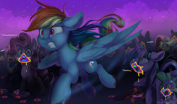 Size: 2047x1200 | Tagged: safe, artist:sketchiix3, imported from derpibooru, cup cake, fluttershy, pinkie pie, rainbow dash, spike, twilight sparkle, alicorn, dragon, earth pony, pegasus, pony, 28 pranks later, cookie, cookie box, cookie zombie, food, night, scene interpretation, twilight sparkle (alicorn), unshorn fetlocks
