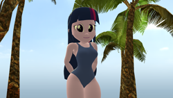 Size: 1920x1080 | Tagged: safe, artist:mr.uberrebu25, imported from derpibooru, twilight sparkle, equestria girls, 3d, beach, beach babe, breasts, busty twilight sparkle, clothes, hands behind back, leotard, looking at you, one-piece swimsuit, purple swimsuit, smiling, smiling at you, solo, swimsuit