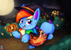 Size: 1217x850 | Tagged: safe, artist:rainbow eevee, imported from ponybooru, oc, oc only, oc:rainbow eevee, pony, friendship is magic, 2021, blue body, blue fur, building, bush, candy, candy corn, clothes, cloud, costume, cute, digital art, digital painting, equine, eyelashes, fictional species, food, fur, hair, halloween, halloween costume, happy, hasbro, hat, headwear, holiday, house, jack-o-lantern, lights, looking up, mammal, medibang paint, moon, multicolored hair, my little pony, nintendo, path, pink eyes, pokémon, pokémon pony, pumpkin, rainbow hair, vegetables, witch hat