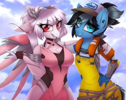 Size: 2048x1634 | Tagged: safe, artist:darkmaxxie, imported from derpibooru, oc, oc only, anthro, earth pony, anthro oc, breasts, cap, clothes, cloud, earth pony oc, hat, looking at you, piercing, posing for photo, rope, smiling