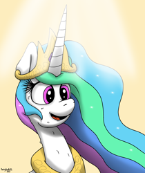 Size: 2048x2440 | Tagged: safe, artist:darkyboode32, imported from derpibooru, princess celestia, alicorn, pony, bust, crown, female, funny, funny face, jewelry, light rays, necklace, regalia, simple background, solo, yellow background