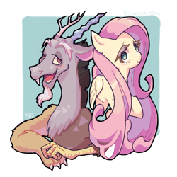 Size: 720x720 | Tagged: safe, artist:koblf, imported from derpibooru, discord, fluttershy, draconequus, pegasus, pony, colored eyelashes, duo, female, male