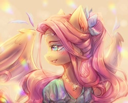 Size: 1200x965 | Tagged: safe, artist:zefirka, imported from ponybooru, fluttershy, pony, clothes, hairtie, headband, jewelry, necklace, solo