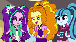 Size: 1280x720 | Tagged: safe, imported from derpibooru, screencap, adagio dazzle, aria blaze, sonata dusk, equestria girls, rainbow rocks, amulet, arm behind back, clothes, female, gem, hand on hip, jewelry, necklace, open mouth, open smile, pigtails, ponytail, siren gem, smiling, the dazzlings, trio, trio female