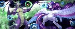 Size: 4500x1750 | Tagged: safe, artist:nsfwbonbon, imported from derpibooru, rarity, spike, alicorn, dragon, pony, unicorn, absurd resolution, adult, adult spike, alicornified, ascension enhancement, butt, claws, ethereal wings, female, frog (hoof), giant pony, giant rarity, giant unicorn, giantess, glowing, glowing eyes, glowing horn, goddess, gradient eyes, horn, large butt, large wings, lip bite, macro, magic, male, married couple, mega giant, mega rarity, mega spike, older, older spike, planet, plot, pony bigger than a planet, race swap, rainbow power, raricorn, runes, scales, shipping, smiling, smirk, space, sparity, story included, straight, underhoof, wide hips, wing claws, winged spike, wings