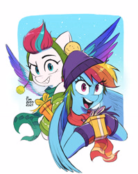 Size: 2480x3112 | Tagged: safe, artist:fanzeem, imported from derpibooru, rainbow dash, zipp storm, pegasus, pony, best gift ever, beanie, breath, bust, clothes, duo, duo female, eye clipping through hair, female, g5, gloves, grin, hat, high res, holding, hoof gloves, hoof hold, looking at you, mare, my little pony: a new generation, open mouth, open smile, present, scarf, signature, smiling, snow, spread wings, wings, winter outfit