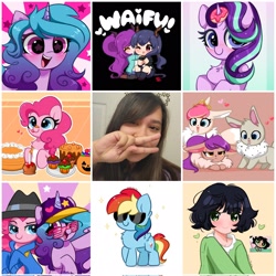 Size: 2048x2048 | Tagged: safe, artist:kittyrosie, imported from derpibooru, part of a set, izzy moonbow, pinkie pie, rainbow dash, starlight glimmer, oc, earth pony, eevee, human, pegasus, pony, unicorn, buttercup (powerpuff girls), cute, dashabetes, diapinkes, donut, face reveal, food, g5, glimmerbetes, high res, irl, irl human, izzybetes, my little pony: a new generation, ocbetes, open mouth, peace sign, photo, pokémon, rapper pie, sunglasses, the powerpuff girls