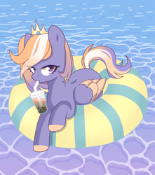 Size: 5000x5666 | Tagged: safe, artist:chip16, artist:nebychko, imported from derpibooru, oc, oc only, oc:golden crescent, pegasus, base used, commission, crown, drink, drinking, female, floaty, food, mare, pegasus oc, pool toy, sipping, solo, swimming pool, tea, water, wings, ych result