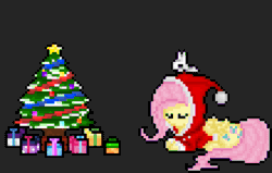 Size: 3520x2240 | Tagged: safe, artist:mariothepixelarter, imported from derpibooru, angel bunny, fluttershy, pegasus, pony, animated, christmas, christmas tree, female, gif, hat, high res, holiday, loop, lying down, male, mare, pixel art, present, prone, santa hat, sleeping, tree