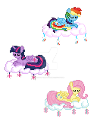 Size: 1280x1600 | Tagged: safe, artist:mariothepixelarter, imported from derpibooru, fluttershy, rainbow dash, twilight sparkle, alicorn, earth pony, pegasus, pony, cloud, eyes closed, female, lying down, lying on a cloud, mare, on a cloud, pixel art, prone, simple background, transparent background, twilight sparkle (alicorn)