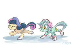 Size: 1280x800 | Tagged: safe, artist:imvicka, imported from derpibooru, bon bon, lyra heartstrings, sweetie drops, earth pony, pony, unicorn, duo, earmuffs, eyes closed, female, gritted teeth, ice, ice skates, ice skating, mare, simple background, smiling, white background