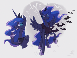 Size: 1928x1452 | Tagged: safe, artist:freckledbastard, imported from derpibooru, princess luna, alicorn, bat, pony, bat cloak, cape, clothes, fake teeth, fangs, female, lightning, mare, solo