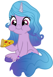 Size: 1024x1478 | Tagged: safe, artist:emeraldblast63, imported from derpibooru, izzy moonbow, pony, unicorn, cute, female, food, g4, g5, g5 to g4, izzybetes, mare, my little pony: a new generation, pizza, simple background, solo, transparent background