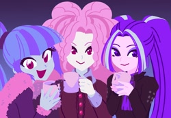 Size: 1164x800 | Tagged: safe, artist:rileyav, imported from derpibooru, adagio dazzle, aria blaze, sonata dusk, equestria girls, adoragio, ariabetes, clothes, color palette, cute, female, happy, looking at you, mug, open mouth, open smile, smiling, sonatabetes, the dazzlings, winter outfit