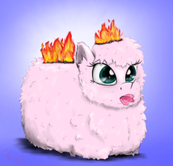 Size: 1500x1444 | Tagged: safe, artist:chopsticks, imported from derpibooru, oc, oc only, oc:fluffle puff, earth pony, pony, burning, cute, female, fire, flufflebetes, lying, mare, ocbetes, on fire, ponyloaf, prone, simple background, solo, spitting