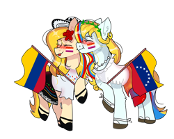 Size: 1000x800 | Tagged: safe, artist:valkiria, imported from derpibooru, oc, oc only, oc:isabella blend, oc:valencia vineyard, pony, :p, blushing, cheek kiss, clothes, colombia, dress, duo, ear piercing, earring, eyes closed, face paint, female, flag, flats, flower, flower in hair, hat, hoof shoes, jewelry, kissing, lesbian, lesbian pride flag, mare, multicolored hair, oc x oc, patriotic, piercing, pride, pride flag, raised hoof, shipping, shirt, shoes, simple background, skirt, tongue out, transparent background, venezuela