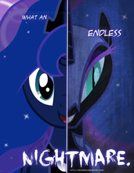 Size: 2158x2780 | Tagged: safe, artist:tehjadeh, imported from derpibooru, nightmare moon, princess luna, alicorn, pony, 2011, dual persona, dual personality, female, high res, mare, multiple heads, poster, slit pupils, two heads, two sided posters