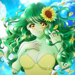 Size: 900x900 | Tagged: safe, artist:kgfantasy, imported from derpibooru, wallflower blush, equestria girls, 90s anime, adorasexy, anime style, bare shoulders, beautiful, beautisexy, breasts, busty wallflower blush, cute, female, flower, flower in hair, flowerbetes, freckles, looking at you, sexy, sleeveless, solo, strapless, sunflower, wallflower and plants