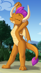 Size: 1239x2210 | Tagged: safe, artist:sirzi, edit, imported from derpibooru, smolder, dragon, arm behind head, cropped, cute, dragoness, eyes closed, female, smiling, smolderbetes, solo, stretching, stupid sexy smolder