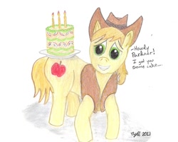 Size: 1345x1070 | Tagged: safe, imported from derpibooru, braeburn, earth pony, birthday, cake, food, looking at you, smiling, solo, traditional art