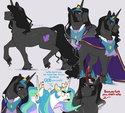Size: 1100x996 | Tagged: safe, artist:evehly, imported from derpibooru, king sombra, princess celestia, alicorn, pony, unicorn, celestibra, clothes, collar, cravat, crown, dialogue, eye contact, female, good king sombra, jewelry, looking at each other, male, mare, meme, peytral, regalia, robe, ship:celestibra, shipping, shoes, sombra horn, sombra's cutie mark, special eyes, stallion, straight, stupid sexy sombra, tiara, vulgar