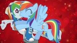 Size: 1920x1080 | Tagged: safe, edit, imported from derpibooru, vector edit, rainbow dash, pegasus, pony, equestria girls, 1000 hours in ms paint, confused, dashdash, eyes closed, female, flying, heart, heart background, interspecies selfcest, lesbian, red background, self ponidox, selfcest, shipping, simple background, vector