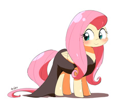 Size: 1200x1000 | Tagged: safe, artist:leo19969525, imported from derpibooru, fluttershy, pegasus, pony, black dress, blushing, clothes, cute, daaaaaaaaaaaw, dress, female, looking sideways, mare, shadow, shyabetes, simple background, smiling, solo, white background