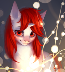 Size: 1900x2100 | Tagged: safe, artist:inarimayer, imported from derpibooru, oc, oc only, oc:waves, unicorn, christmas, christmas lights, disguise, disguised changeling, holiday, lights, red mane, simple background, solo