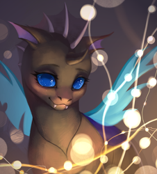 Size: 1900x2100 | Tagged: safe, artist:inarimayer, imported from derpibooru, oc, oc only, oc:waves, changeling, changeling oc, christmas, christmas changeling, christmas lights, cute, cuteling, holiday, lights, simple background, solo