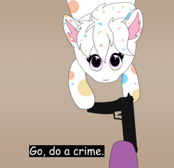 Size: 4000x3856 | Tagged: safe, artist:eminent entropy, imported from derpibooru, oc, oc only, oc:confetti cupcake, oc:stellar trace, bat pony, pony, bat pony oc, brown background, go do a crime, gun, handgun, high angle, looking at you, looking up, looking up at you, meme, offscreen character, ponified, ponified animal photo, ponified meme, simple background, solo, weapon