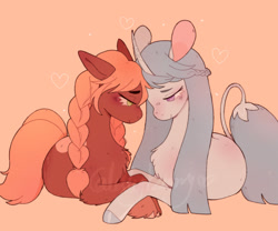 Size: 1280x1067 | Tagged: safe, artist:lellybelly3, imported from derpibooru, izzy moonbow, sunny starscout, earth pony, pony, unicorn, blushing, female, g5, heart, izzyscout, leonine tail, lesbian, looking at each other, looking at someone, my little pony: a new generation, nuzzling, redesign, shipping, simple background, smiling, smiling at each other, tail, watermark